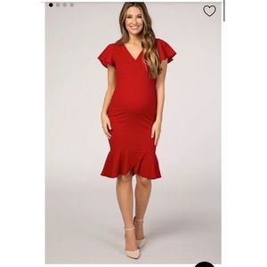 PinkBlush Red Ruffle Accent Fitted Maternity Wrap Dress - perfect condition